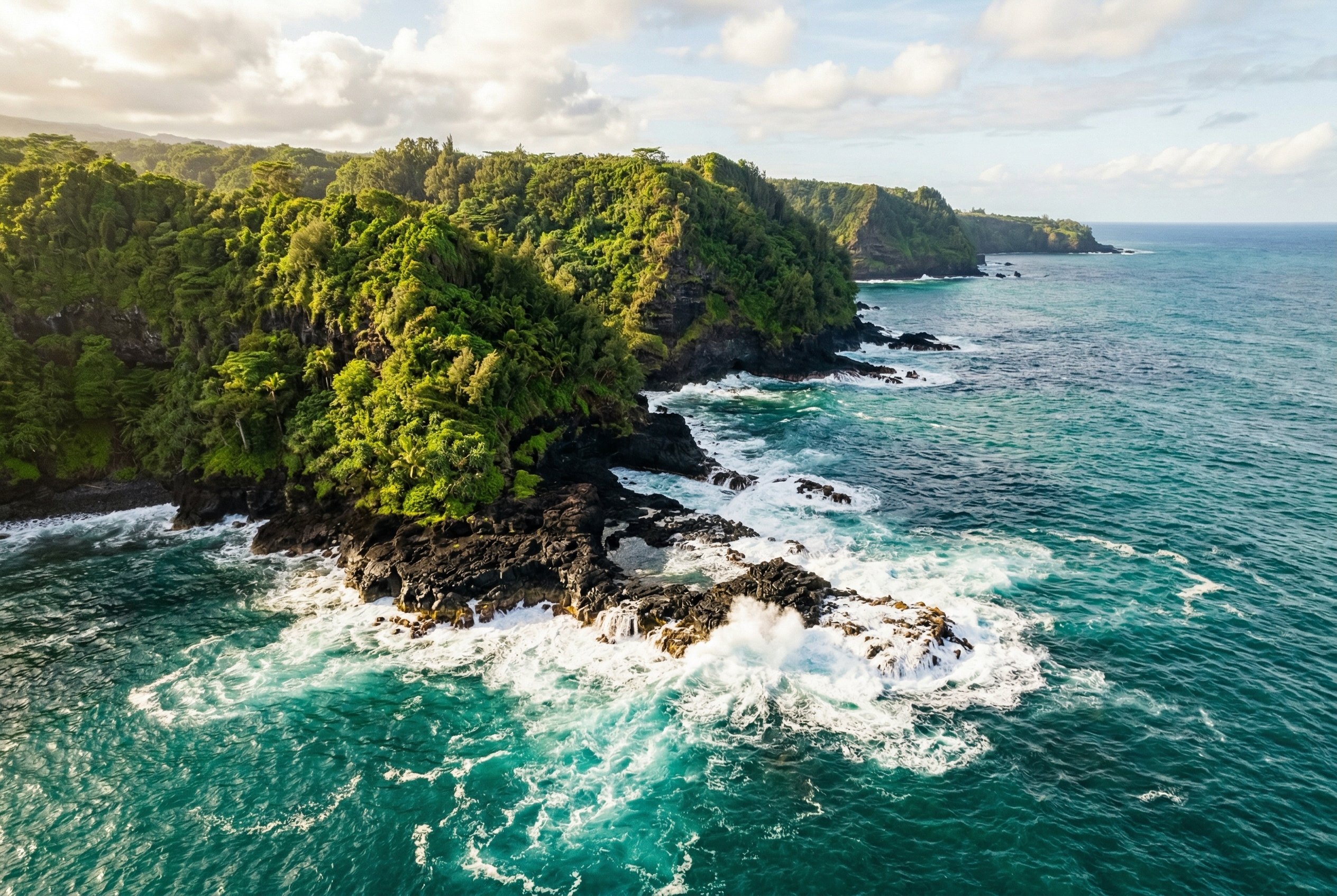 Hawaiian volcanic coastline with turquoise water and black lava rocks