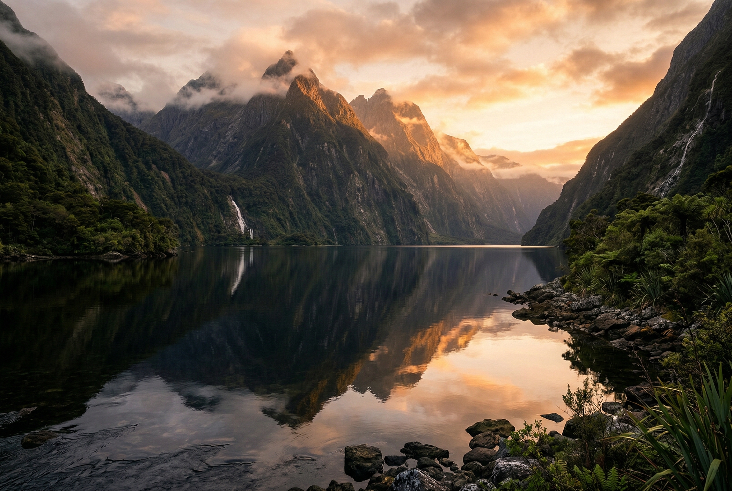 Dramatic New Zealand fjord landscape at golden hour