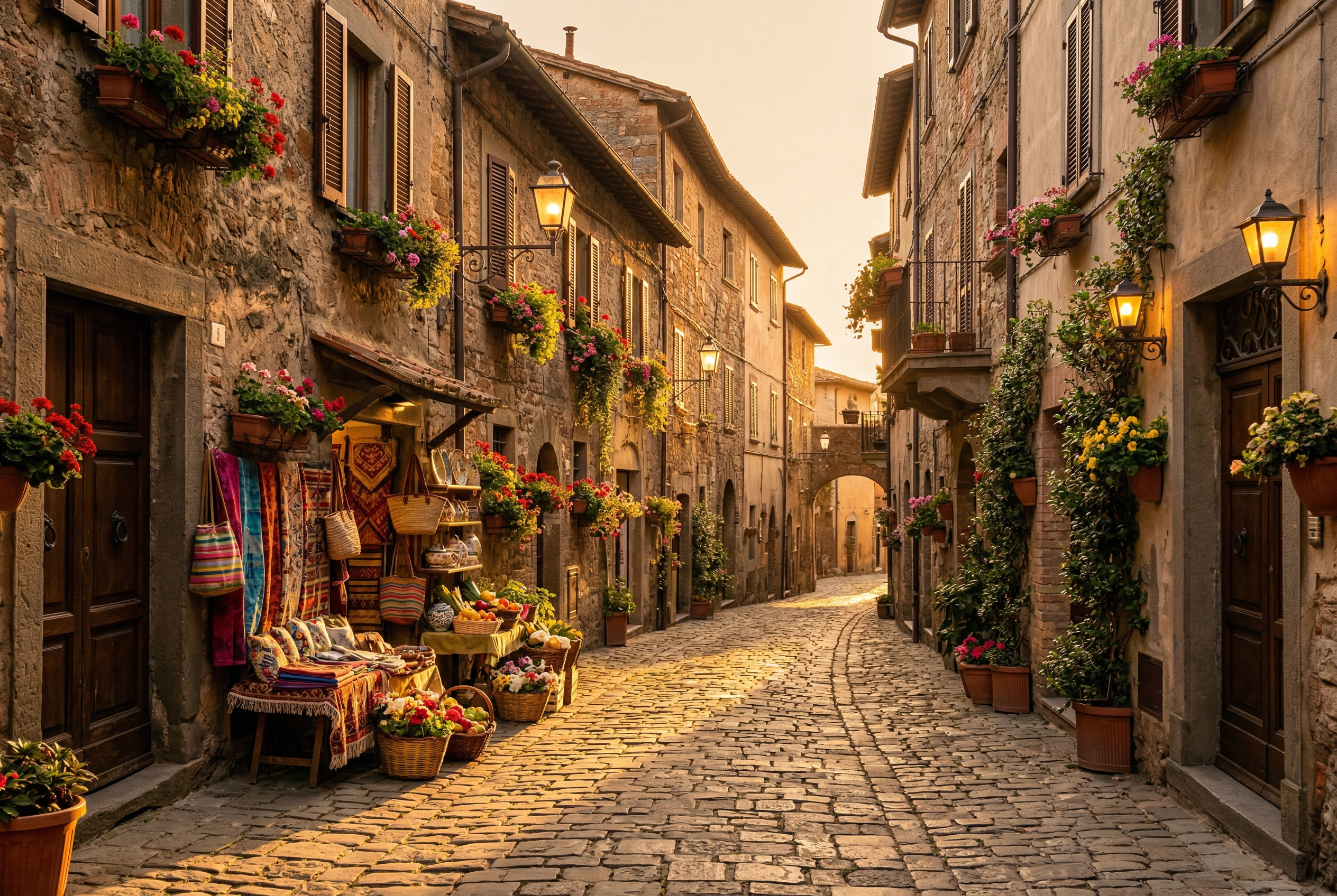 European cobblestone street at golden hour